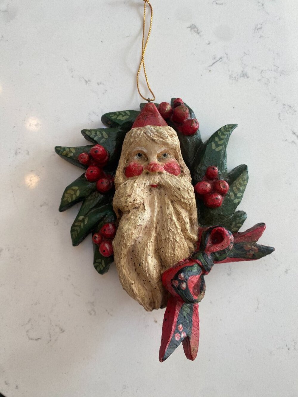 Vintage 1989 House of Hatten Santa Face Ornament Enchanted Forest Holly